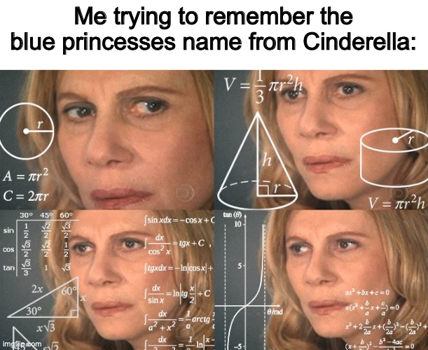 Hmmmmmmmmmmmmmmmmm | Me trying to remember the blue princesses name from Cinderella: | image tagged in calculating meme,cinderella | made w/ Imgflip meme maker
