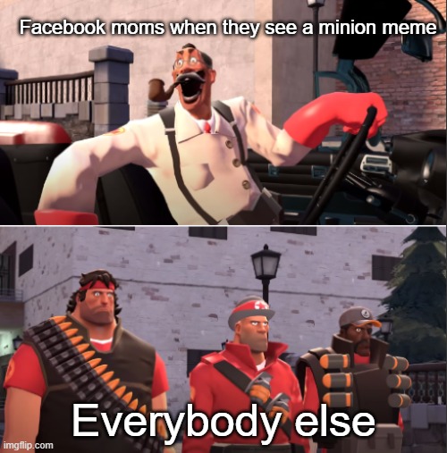 ain't that right buddy | Facebook moms when they see a minion meme; Everybody else | image tagged in laughing wolf but tf2 | made w/ Imgflip meme maker