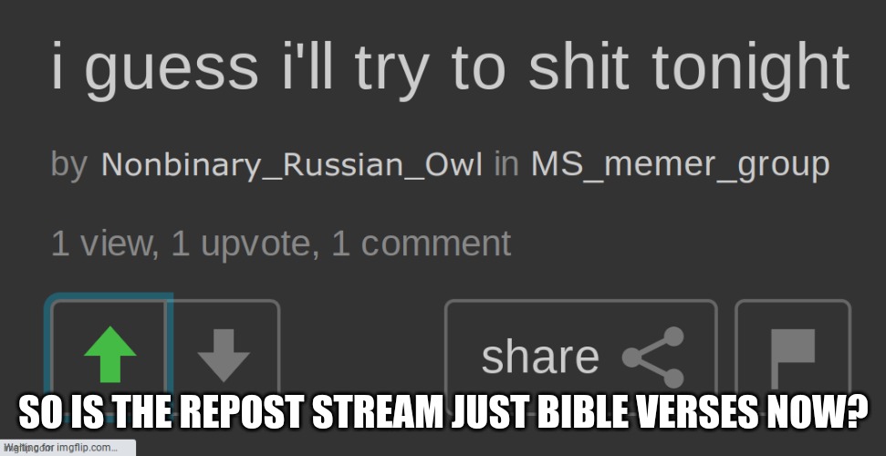 i guess i'll try to shit tonight | SO IS THE REPOST STREAM JUST BIBLE VERSES NOW? | image tagged in i guess i'll try to shit tonight | made w/ Imgflip meme maker