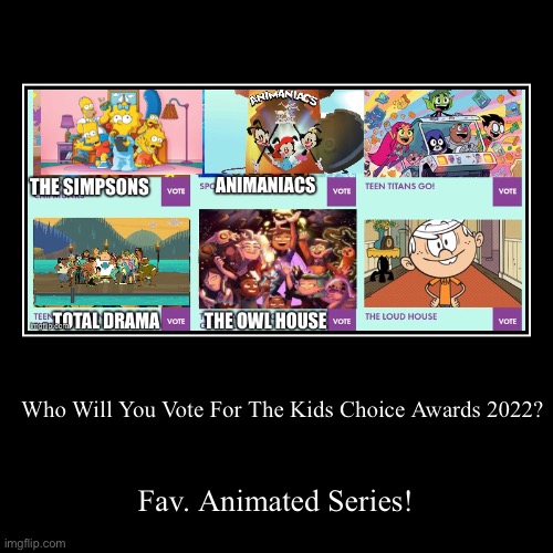 Vote? | Who Will You Vote For The Kids Choice Awards 2022? | Fav. Animated Series! | image tagged in funny,the loud house,total drama,teen titans go,the owl house,the simpsons | made w/ Imgflip demotivational maker