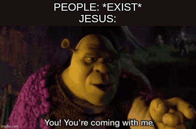 Shrek your coming with me | PEOPLE: *EXIST*
JESUS:; . | image tagged in shrek your coming with me | made w/ Imgflip meme maker