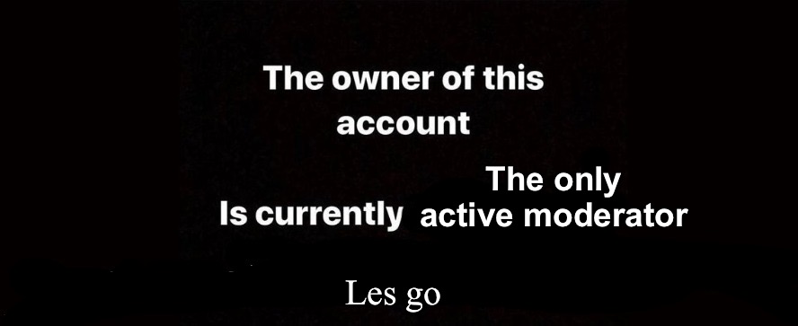 The owner of this account is currently | The only active moderator; Les go | image tagged in the owner of this account is currently | made w/ Imgflip meme maker