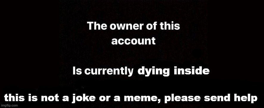 The owner of this account is currently | dying inside; this is not a joke or a meme, please send help | image tagged in the owner of this account is currently | made w/ Imgflip meme maker