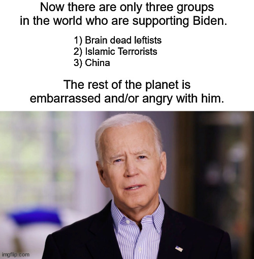 For the first time the world actually does hate a US president. | Now there are only three groups in the world who are supporting Biden. 1) Brain dead leftists
2) Islamic Terrorists 
3) China; The rest of the planet is embarrassed and/or angry with him. | image tagged in biden,build back worse,treason,lets americans die | made w/ Imgflip meme maker