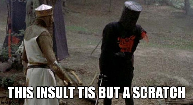 Tis but a scratch | THIS INSULT TIS BUT A SCRATCH | image tagged in tis but a scratch | made w/ Imgflip meme maker