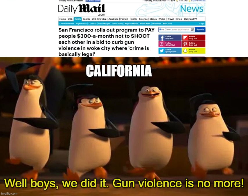 CALIFORNIA; Well boys, we did it. Gun violence is no more! | image tagged in penguins of madagascar | made w/ Imgflip meme maker