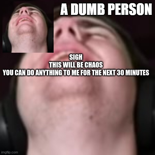 E | SIGH
THIS WILL BE CHAOS
YOU CAN DO ANYTHING TO ME FOR THE NEXT 30 MINUTES | image tagged in e | made w/ Imgflip meme maker