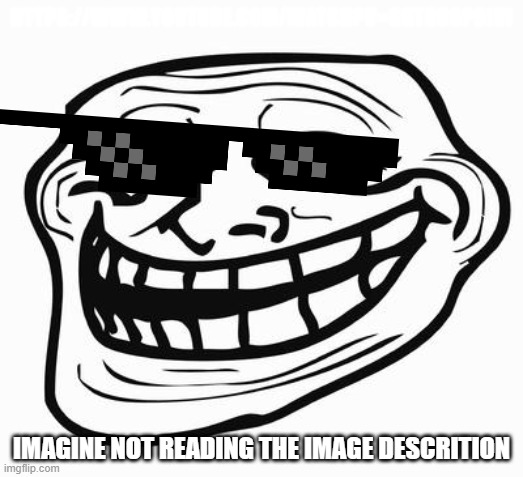 if u dont read image description u r noob | HTTPS://WWW.YOUTUBE.COM/WATCH?V=GKTB9GP9LVI; IMAGINE NOT READING THE IMAGE DESCRITION | image tagged in trollface,trollge,trollface ftw,memes,funny,dastarminers awesome memes | made w/ Imgflip meme maker