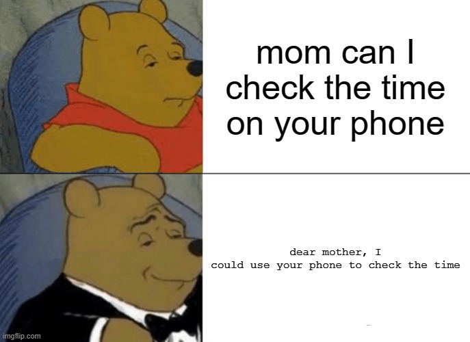 talking fancy | mom can I check the time on your phone; dear mother, I could use your phone to check the time | image tagged in memes,tuxedo winnie the pooh | made w/ Imgflip meme maker