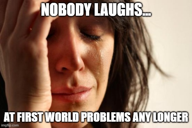 First World Problems | NOBODY LAUGHS... AT FIRST WORLD PROBLEMS ANY LONGER | image tagged in memes,first world problems | made w/ Imgflip meme maker