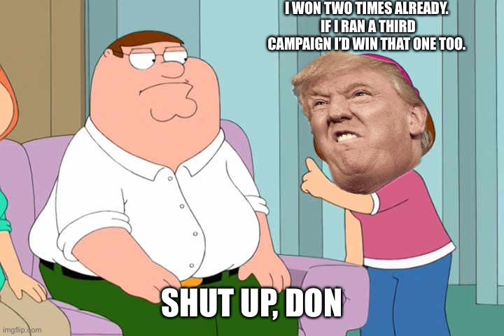 The conman in chief | I WON TWO TIMES ALREADY.  IF I RAN A THIRD CAMPAIGN I’D WIN THAT ONE TOO. SHUT UP, DON | image tagged in shut up meg,donald trump,2020 | made w/ Imgflip meme maker