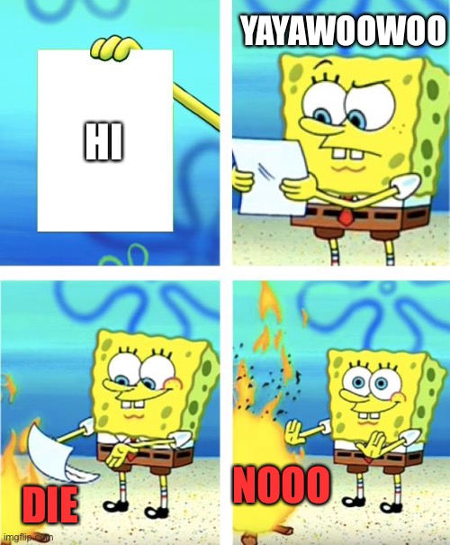 Spongebob Burning Paper | YAYAWOOWOO; HI; NOOO; DIE | image tagged in spongebob burning paper | made w/ Imgflip meme maker