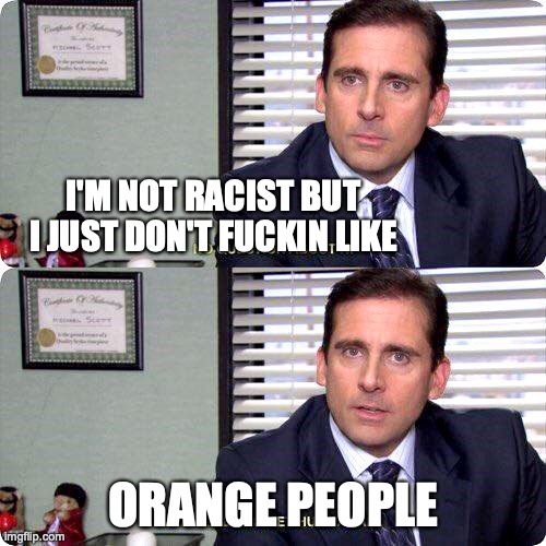 Michael Scott - I'm ready to get hurt again | I'M NOT RACIST BUT I JUST DON'T FUCKIN LIKE; ORANGE PEOPLE | image tagged in michael scott - i'm ready to get hurt again | made w/ Imgflip meme maker