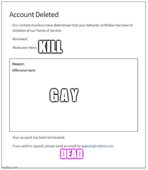 banned from ROBLOX | KILL; G A Y; DEAD | image tagged in banned from roblox | made w/ Imgflip meme maker