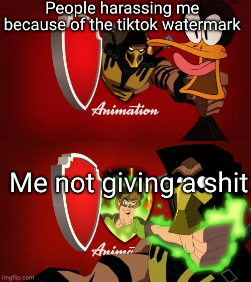 People harassing me because of the tiktok watermark; Me not giving a shit | made w/ Imgflip meme maker