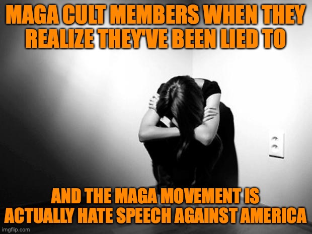 DEPRESSION SADNESS HURT PAIN ANXIETY | MAGA CULT MEMBERS WHEN THEY REALIZE THEY'VE BEEN LIED TO; AND THE MAGA MOVEMENT IS ACTUALLY HATE SPEECH AGAINST AMERICA | image tagged in depression sadness hurt pain anxiety | made w/ Imgflip meme maker