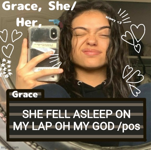 Grace | SHE FELL ASLEEP ON MY LAP OH MY GOD /pos | image tagged in grace | made w/ Imgflip meme maker