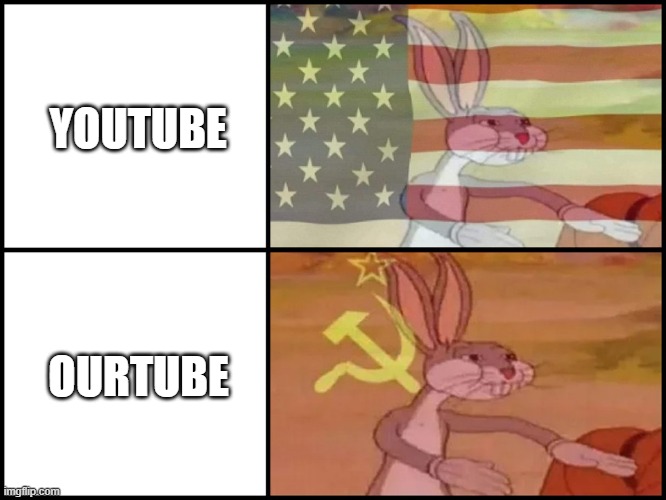 E | YOUTUBE; OURTUBE | image tagged in capitalist and communist,hammer and sickle,hammer,sickle,stalin | made w/ Imgflip meme maker