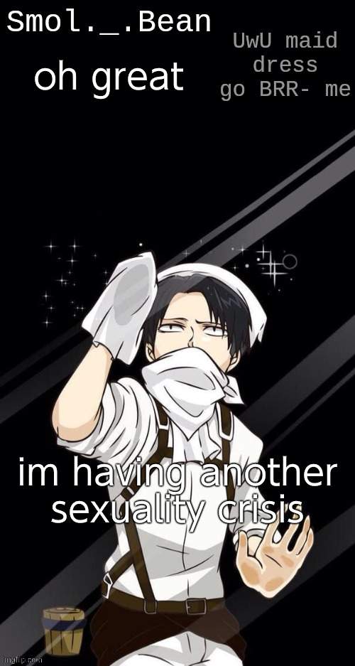 oh great; im having another sexuality crisis | image tagged in beans levi temp | made w/ Imgflip meme maker