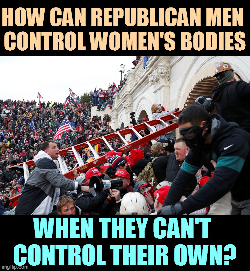 Qanon - Insurrection - Trump riot - sedition | HOW CAN REPUBLICAN MEN 
CONTROL WOMEN'S BODIES; WHEN THEY CAN'T 
CONTROL THEIR OWN? | image tagged in qanon - insurrection - trump riot - sedition,texas,abortion,supreme court,liars | made w/ Imgflip meme maker