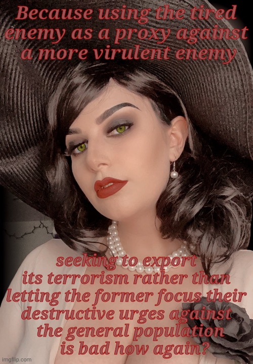 Lady Dimitrescu | Because using the tired enemy as a proxy against    a more virulent enemy seeking to export its terrorism rather than letting the former foc | made w/ Imgflip meme maker
