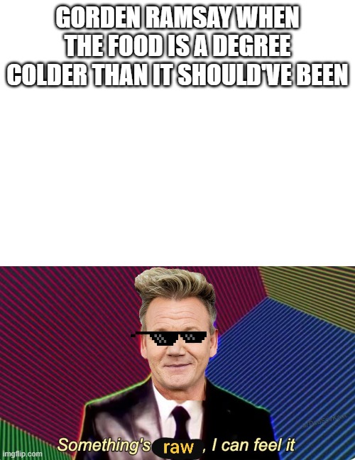 Meme that Gordon sent me | GORDEN RAMSAY WHEN THE FOOD IS A DEGREE COLDER THAN IT SHOULD'VE BEEN | image tagged in blank white template,something's raw i can feel it,chef gordon ramsay,dank memes,memenade | made w/ Imgflip meme maker
