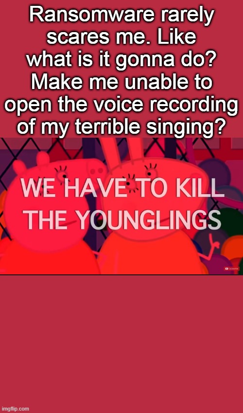 we have to kill the younglings | Ransomware rarely scares me. Like what is it gonna do? Make me unable to open the voice recording of my terrible singing? | image tagged in we have to kill the younglings | made w/ Imgflip meme maker