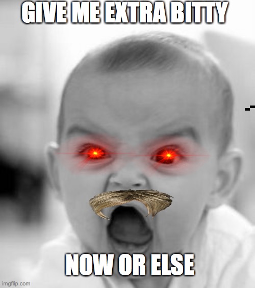 Angry Baby Meme | GIVE ME EXTRA BITTY; NOW OR ELSE | image tagged in memes,angry baby | made w/ Imgflip meme maker