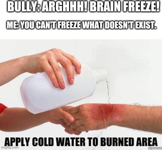 Brain freeze | BULLY: ARGHHH! BRAIN FREEZE! ME: YOU CAN'T FREEZE WHAT DOESN'T EXIST. | image tagged in white strip,apply cold water to burned area,oof | made w/ Imgflip meme maker