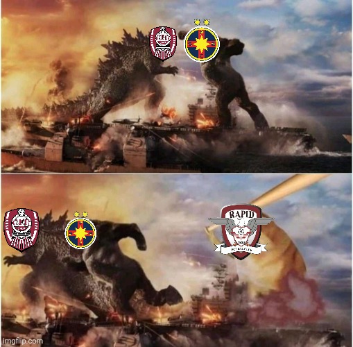 Romanian Liga 1 Title Race | image tagged in kong godzilla doge,cfr cluj,fcsb,steaua,rapid,memes | made w/ Imgflip meme maker