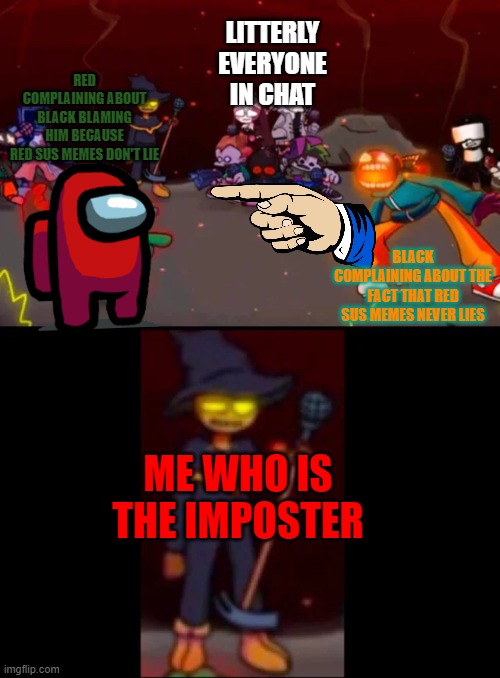 zardy's pure dissapointment | LITTERLY EVERYONE IN CHAT; RED COMPLAINING ABOUT BLACK BLAMING HIM BECAUSE RED SUS MEMES DON'T LIE; BLACK COMPLAINING ABOUT THE FACT THAT RED SUS MEMES NEVER LIES; ME WHO IS THE IMPOSTER | image tagged in zardy's pure dissapointment,among us,red sus | made w/ Imgflip meme maker