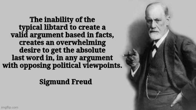 Sigmund Freud | The inability of the typical libtard to create a valid argument based in facts, creates an overwhelming desire to get the absolute last word in, in any argument with opposing political viewpoints. Sigmund Freud | image tagged in sigmund freud | made w/ Imgflip meme maker