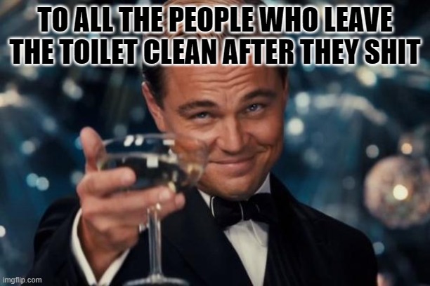 Leonardo Dicaprio Cheers | TO ALL THE PEOPLE WHO LEAVE THE TOILET CLEAN AFTER THEY SHIT | image tagged in memes,leonardo dicaprio cheers,memes | made w/ Imgflip meme maker