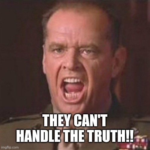 You can't handle the truth | THEY CAN'T HANDLE THE TRUTH!! | image tagged in you can't handle the truth | made w/ Imgflip meme maker