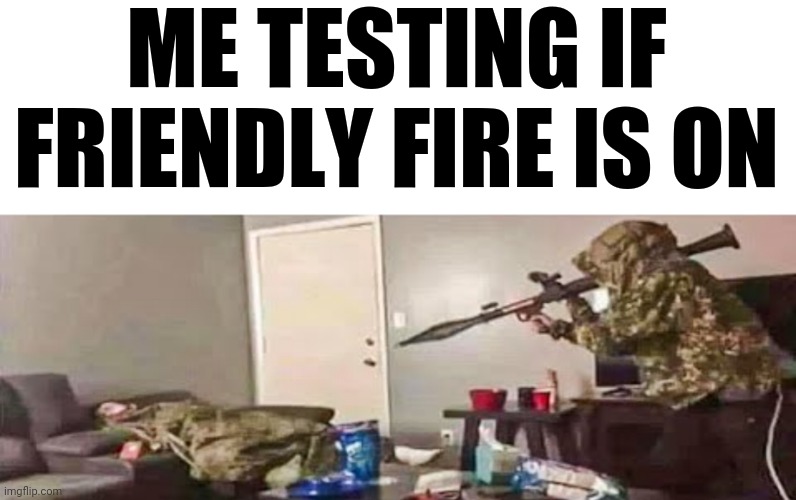 We all can't lie about this we've done this before | ME TESTING IF FRIENDLY FIRE IS ON | image tagged in friendly fire | made w/ Imgflip meme maker