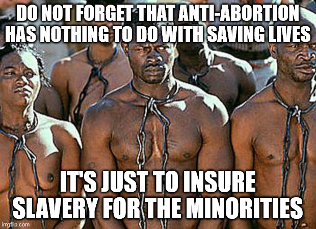 NO abortion IS slavery | DO NOT FORGET THAT ANTI-ABORTION HAS NOTHING TO DO WITH SAVING LIVES; IT'S JUST TO INSURE SLAVERY FOR THE MINORITIES | image tagged in abortion,pro-life,minorities,slavery,white privilege,poor | made w/ Imgflip meme maker