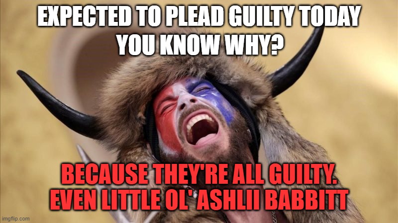 qanon shaman | EXPECTED TO PLEAD GUILTY TODAY; YOU KNOW WHY? BECAUSE THEY'RE ALL GUILTY. EVEN LITTLE OL' ASHLII BABBITT | image tagged in qanon shaman | made w/ Imgflip meme maker