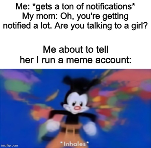 Disappointment go brrrrrrrr | Me: *gets a ton of notifications*
My mom: Oh, you're getting notified a lot. Are you talking to a girl? Me about to tell her I run a meme account: | image tagged in yakko inhale | made w/ Imgflip meme maker