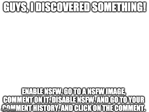 try it | GUYS, I DISCOVERED SOMETHING! ENABLE NSFW, GO TO A NSFW IMAGE, COMMENT ON IT, DISABLE NSFW, AND GO TO YOUR COMMENT HISTORY, AND CLICK ON THE COMMENT. | image tagged in blank white template,memes,funny | made w/ Imgflip meme maker