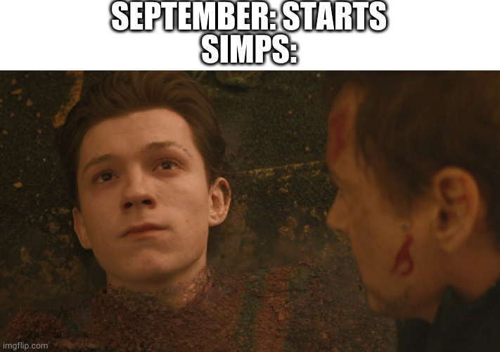 no simp september | SEPTEMBER: STARTS
SIMPS: | image tagged in mr stark i don't feel so good,september,never gonna give you up,oh wow are you actually reading these tags,e | made w/ Imgflip meme maker