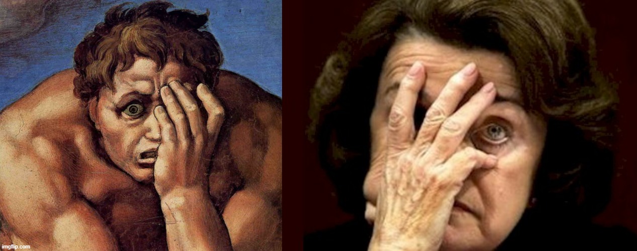 Does Life Imitate Art, Or Does Art Imitate Life? | image tagged in life,art,fiendstein,dianne feinstein,michelangelo | made w/ Imgflip meme maker
