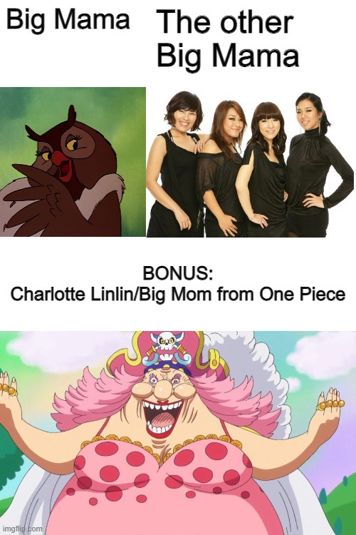 Big Mama; The other
Big Mama; BONUS:
Charlotte Linlin/Big Mom from One Piece | image tagged in blank white template,big mama,kpop,the fox and the hound,the other guys,one piece | made w/ Imgflip meme maker