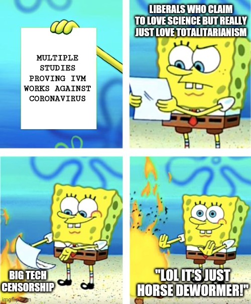 lifesaver | LIBERALS WHO CLAIM TO LOVE SCIENCE BUT REALLY JUST LOVE TOTALITARIANISM; MULTIPLE STUDIES PROVING IVM WORKS AGAINST CORONAVIRUS; BIG TECH CENSORSHIP; "LOL IT'S JUST HORSE DEWORMER!" | image tagged in spongebob burning paper,coronavirus,liberal hypocrisy | made w/ Imgflip meme maker
