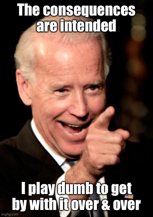 Smilin Biden Meme | The consequences are intended I play dumb to get by with it over & over | image tagged in memes,smilin biden | made w/ Imgflip meme maker