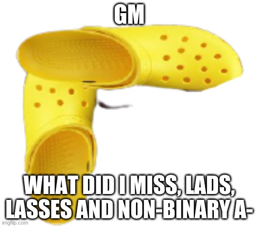 THE CROC GLOCK | GM; WHAT DID I MISS, LADS, LASSES AND NON-BINARY A- | image tagged in the croc glock | made w/ Imgflip meme maker