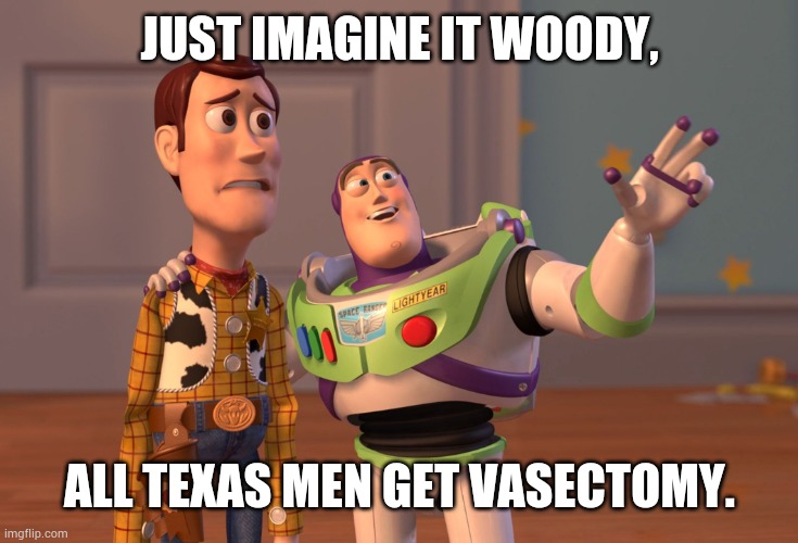 X, X Everywhere Meme | JUST IMAGINE IT WOODY, ALL TEXAS MEN GET VASECTOMY. | image tagged in memes,x x everywhere | made w/ Imgflip meme maker