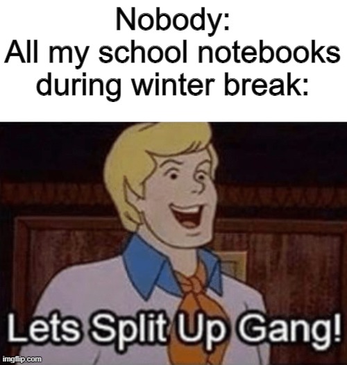 Sorry bro, this title is still under construction. Come back later | Nobody:
All my school notebooks during winter break: | image tagged in let s split up hang | made w/ Imgflip meme maker