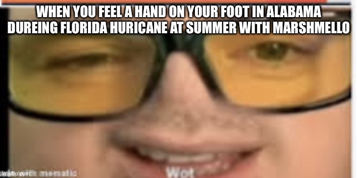 I dont know even know what this means. Also i what more memes with this template. | WHEN YOU FEEL A HAND ON YOUR FOOT IN ALABAMA DUREING FLORIDA HURICANE AT SUMMER WITH MARSHMELLO | image tagged in mandjtv wot | made w/ Imgflip meme maker