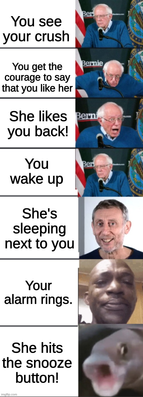 . | You see your crush; You get the courage to say that you like her; She likes you back! You wake up; She's sleeping next to you; Your alarm rings. She hits the snooze button! | image tagged in bernie sanders reaction extended | made w/ Imgflip meme maker