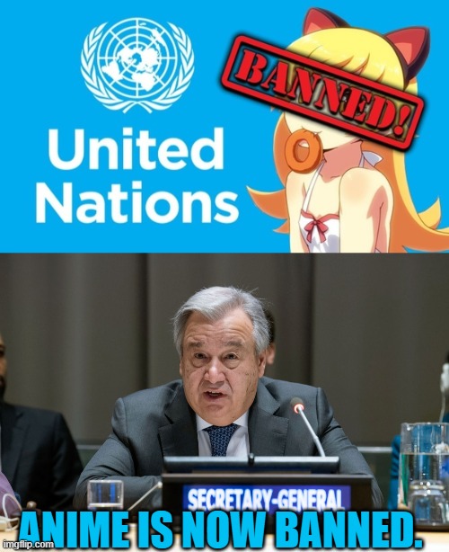 BANNED FROM THE ENTIRE WORLD | ANIME IS NOW BANNED. | image tagged in un | made w/ Imgflip meme maker